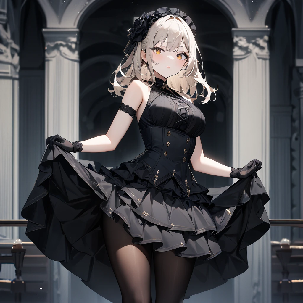 1 girl,best quality, very aesthetic,absurdres,looking at viewer,front view,Lovely lady,,skirt lift,high-grade,layer,westfrill,light hair,multilayer,blackcolor,trim,(side-Crisscross),breasts,upscale,Layered,yellow pale,blackglove,pantyhose,lovely,all black,Sleeveless