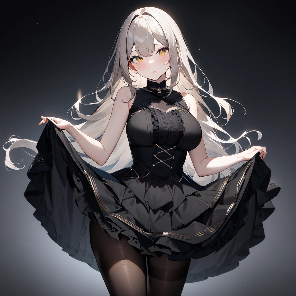 1 girl,best quality, very aesthetic,absurdres,looking at viewer,front view,Lovely lady,,skirt lift,high-grade,layer,westfrill,light hair,multilayer,blackcolor,trim,(side-Crisscross),breasts,upscale,Layered,yellow pale,blackglove,pantyhose,lovely,all black,Sleeveless