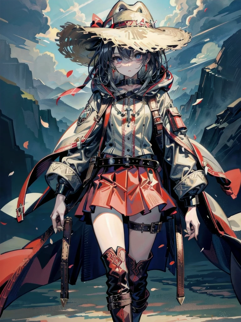 cool cowgirl, cowboy hat, blouse, decorated hooded armor jacket, cross belt, mini skirt, Red leather long boots, absurdres, RAW photo, extremely delicate and beautiful, masterpiece, Best Quality, ultra high resolution, 32k, hyperrealistic, ultra-detailed, detailed description, pale skin, 20 years old, tearful mole, earring, short medium hair, wavy hair, whole body shot,