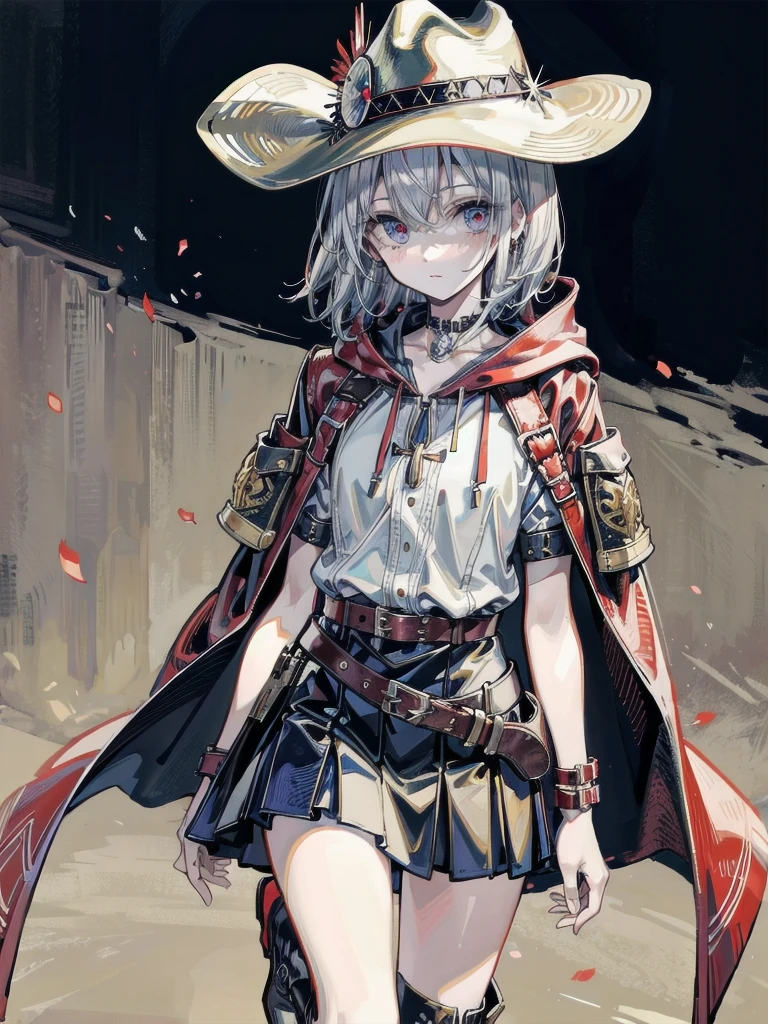 cool cowgirl, cowboy hat, blouse, decorated hooded armor jacket, cross belt, mini skirt, Red leather long boots, absurdres, RAW photo, extremely delicate and beautiful, masterpiece, Best Quality, ultra high resolution, 32k, hyperrealistic, ultra-detailed, detailed description, pale skin, 20 years old, tearful mole, earring, short medium hair, wavy hair, whole body shot,