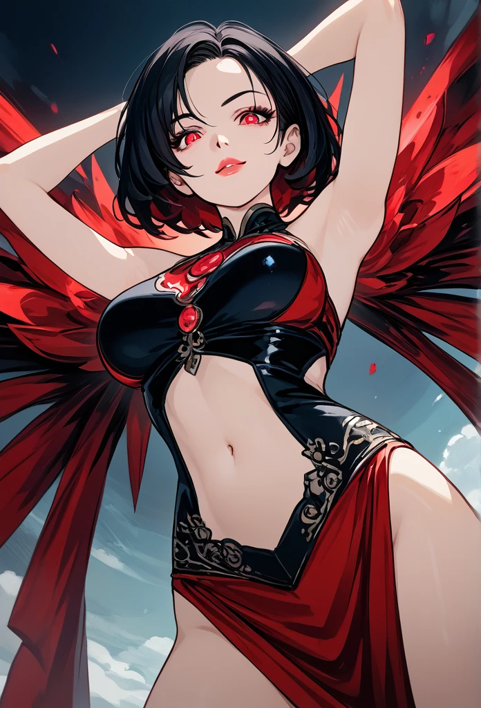 masterpiece, best quality, cowboy shot, view from below, 1girl, looking at viewer, crimson eyes, cool beauty, short hairstyle, black hair, red strands of hair, sharp eyes, mature face, slim body, villain clothes clothes, cool face, evil smirk, lips, exotic clothes, midriff clothes, fit girl, fit body, wild appearance, wild style, arms up, armpits exposed