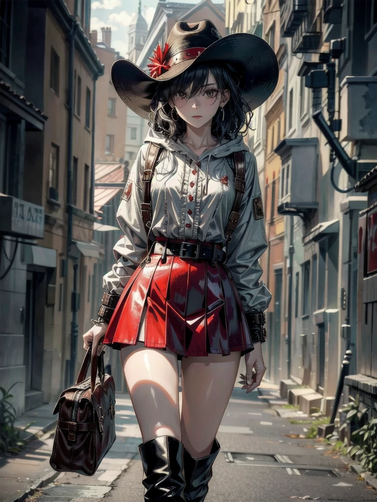 cool cowgirl, cowboy hat, blouse, decorated hooded armor jacket, cross belt, mini skirt, Red leather long boots, absurdres, RAW photo, extremely delicate and beautiful, masterpiece, Best Quality, ultra high resolution, 32k, hyperrealistic, ultra-detailed, detailed description, pale skin, 20 years old, tearful mole, earring, short medium hair, wavy hair, whole body shot,