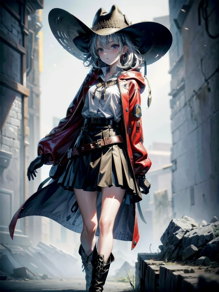 cool cowgirl, cowboy hat, blouse, decorated hooded armor jacket, cross belt, mini skirt, Red leather long boots, absurdres, RAW photo, extremely delicate and beautiful, masterpiece, Best Quality, ultra high resolution, 32k, hyperrealistic, ultra-detailed, detailed description, pale skin, 20 years old, tearful mole, earring, short medium hair, wavy hair, whole body shot,