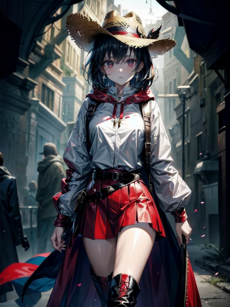 cool cowgirl, cowboy hat, blouse, decorated hooded armor jacket, cross belt, mini skirt, Red leather long boots, absurdres, RAW photo, extremely delicate and beautiful, masterpiece, Best Quality, ultra high resolution, 32k, hyperrealistic, ultra-detailed, detailed description, pale skin, 20 years old, tearful mole, earring, short medium hair, wavy hair, whole body shot,
