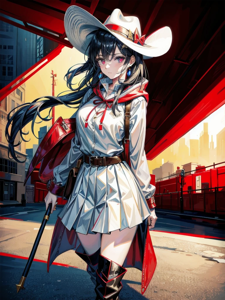 cool cowgirl, cowboy hat, blouse, decorated hooded armor jacket, cross belt, mini skirt, Red leather long boots, absurdres, RAW photo, extremely delicate and beautiful, masterpiece, Best Quality, ultra high resolution, 32k, hyperrealistic, ultra-detailed, detailed description, pale skin, 20 years old, tearful mole, earring, short medium hair, wavy hair, whole body shot,