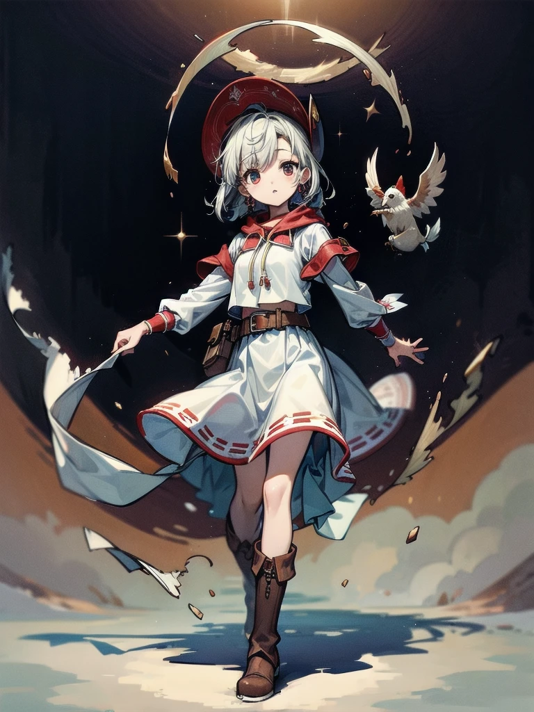 cool cowgirl, cowboy hat, blouse, decorated hooded armor jacket, cross belt, mini skirt, Red leather long boots, absurdres, RAW photo, extremely delicate and beautiful, masterpiece, Best Quality, ultra high resolution, 32k, hyperrealistic, ultra-detailed, detailed description, pale skin, 20 years old, tearful mole, earring, short medium hair, wavy hair, whole body shot,