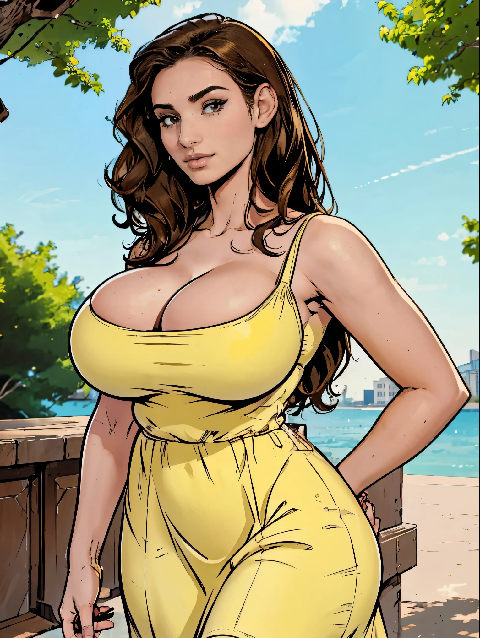Gorgeous and sultry busty athletic (thin) brunette with sharp facial features and a (large nose) and (huge ?????) wearing a pale yellow sundress, ?????????????, cleavage, park