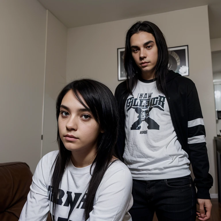 Emo couple interracial the boy is Polish, similar to Dominik Santorski from the movie Suicide Room He is Polish, grayish blue eyes, white complexion , tall 1.91cm and slim, his hair is dark brown and short hair emo style The girl is Mexican emo girl long straight black hair ,she has curvy body and black eyes she is shorty 1.65cm Light brown complexion , she is more much shorty than him , Make them taking a selfie playing videogames so funny