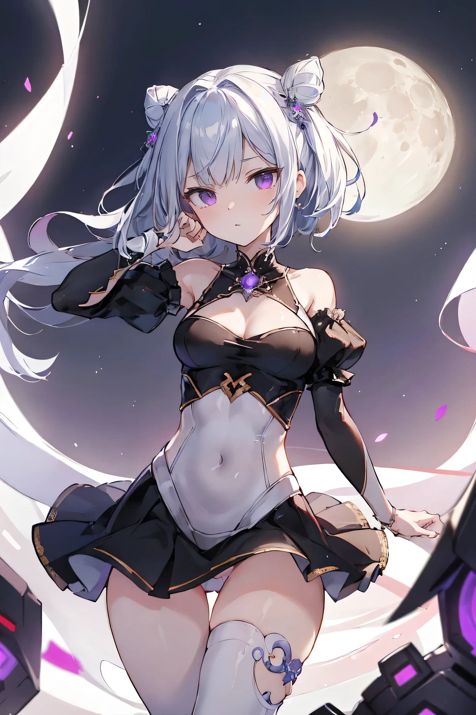 1girl, anime, cute girl, blank background, white background, fantasy, detailed fantasy dress with highlights, beautiful face, beautiful eyes, dark colors, black hair with multicolor streaks, red eye with different color pupil in eye, multicolor eye, medium breasts, slight cleavage, beautiful skin, cute, breast curtains, extremely delicate and beautiful, (beautiful detailed face:1.0), (detailed deep eyes), symmetrical breasts, deep eyes, shiny skin, portrait, slender waist, hips wider than shoulders, thighs, expressionless, young girl, luminous eyes, adorable，（Kpop idol）,（aegyo sal：1），（Platinum blonde hair：1），（（puffy eye）），Black panty，sexy posture，Superskirt, Ultra-high resolution，Black collar，slim figure, Abdominal y tattoo, womb tattoo，Tight-fitting leg ring，y tattoo on half-body，Bare skin, Armored hand，Hidden fingertips，Hand covered，Arm covered，Fist covered,{{beautiful detailed fingers}}, tufts of hair, moderate beautiful breast:1.0,(masterpiece:1.2), best quality, high-res, HDR, perfect face, intricate armor, delicate blue filigree, intricate filigree, red metalic parts, detailed part, dynamic pose, dynamic lights, cute face, neutral expression, shuimobysim, lotus, hanfu, maxi skirt, dress conservatively 1girl, solo, long blue hair, standing, One lady,14years,((White hair) ,((Normal breasts)), (Shiny purple bodysuit with microskirt),((Fantasy, Moon Night))