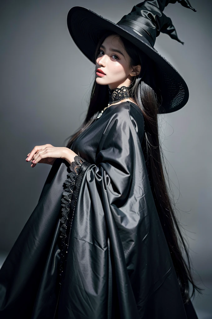 (best quality,4k,8k,highres,masterpiece:1.2),ultra-detailed,(realistic,photorealistic,photo-realistic:1.37),black long dress,big hat,witch clothes,