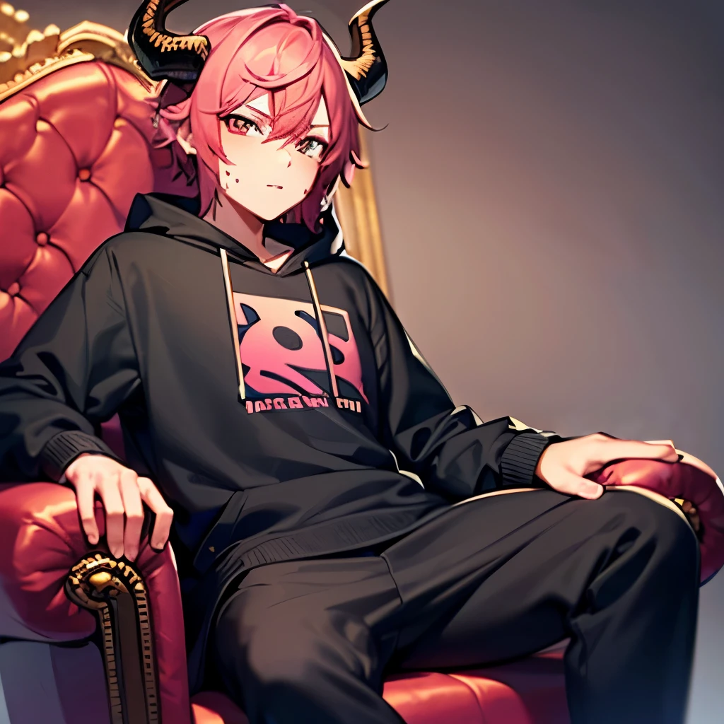 one male femboy with black dragon horns and a pink tail in baggy sweatshirt and sweatpants sitting on a throne with red eye and pink hair