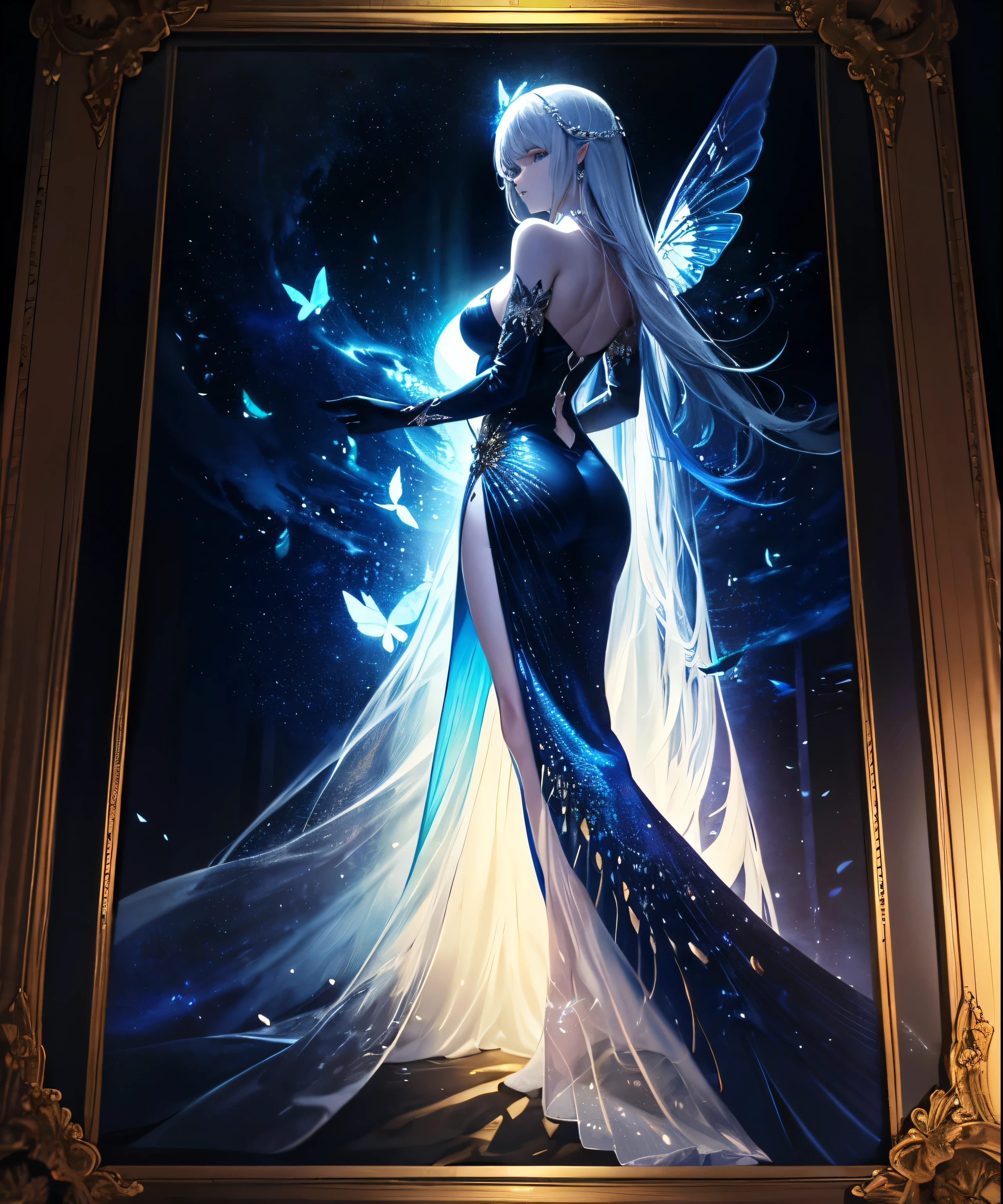 "The image presents a **fantastical scene**. The **medium** is a digital artwork, which allows for a high level of detail and vibrant colors. The **subject** is a figure that embodies elements of both fairy and angelic beings, with **large, intricate white wings** that are spread out. The wings are adorned with **complex patterns**, and the figure is clad in a **flowing, ethereal gown** that is a light shade, possibly white or pale blue, contributing to the otherworldly aura. The **background** is not a solid color but a **dramatic sky** that suggests it is **sunrise**, with the lighting conditions creating a **golden hue** over the scene. This **lighting** appears natural, as if the figure is illuminated by the first light of the day, casting **shadows** and **highlights** that give depth to the image. In terms of **art style**, the piece is a blend of **realism and fantasy**, with a **realistic** portrayal of the figure and butterflies, set against a **fantastical** backdrop. The **technique** used by the artist involves detailed digital rendering, with attention to the play of light and shadow to create a **three-dimensional effect**. The **setting** is an idyllic, possibly **heavenly realm** or an **enchanted forest**. The scene is **framed** from behind the subject, allowing the viewer to look over their shoulder and into the distance, where the **sky meets the horizon** in a **serene** display. The expansive wingspan and the scale compared to the surrounding butterflies suggest a **larger-than-life presence figure**."