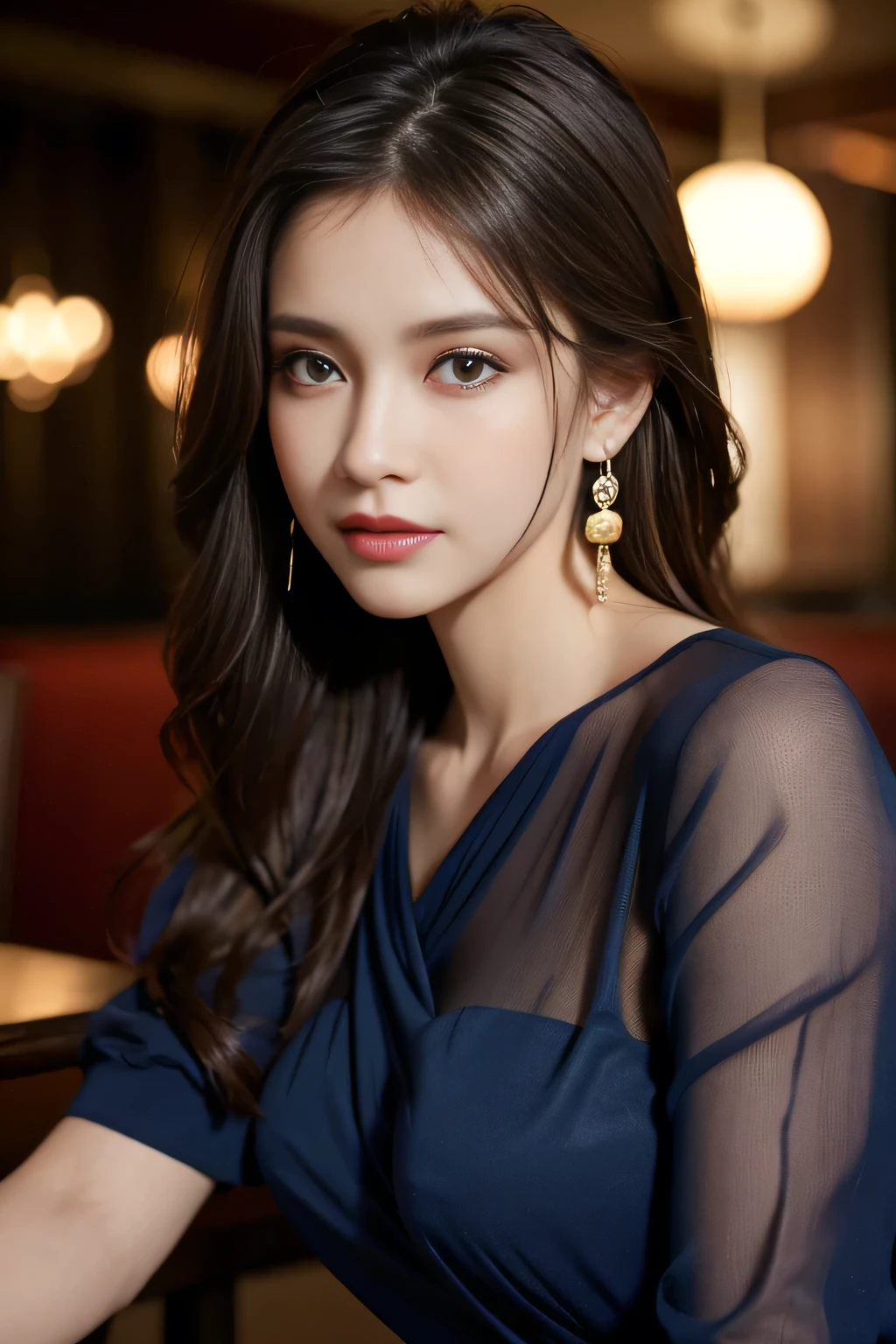 masterpiece, highest quality, Realistic, Very detailed, Finer details, High resolution, 8k wallpaper, One beautiful woman, Wear a dark blue see-through shirt, In a great restaurant, At night, Light brown messy hair, Perfect dynamic composition, Beautiful and beautiful eyes、Big earrings
