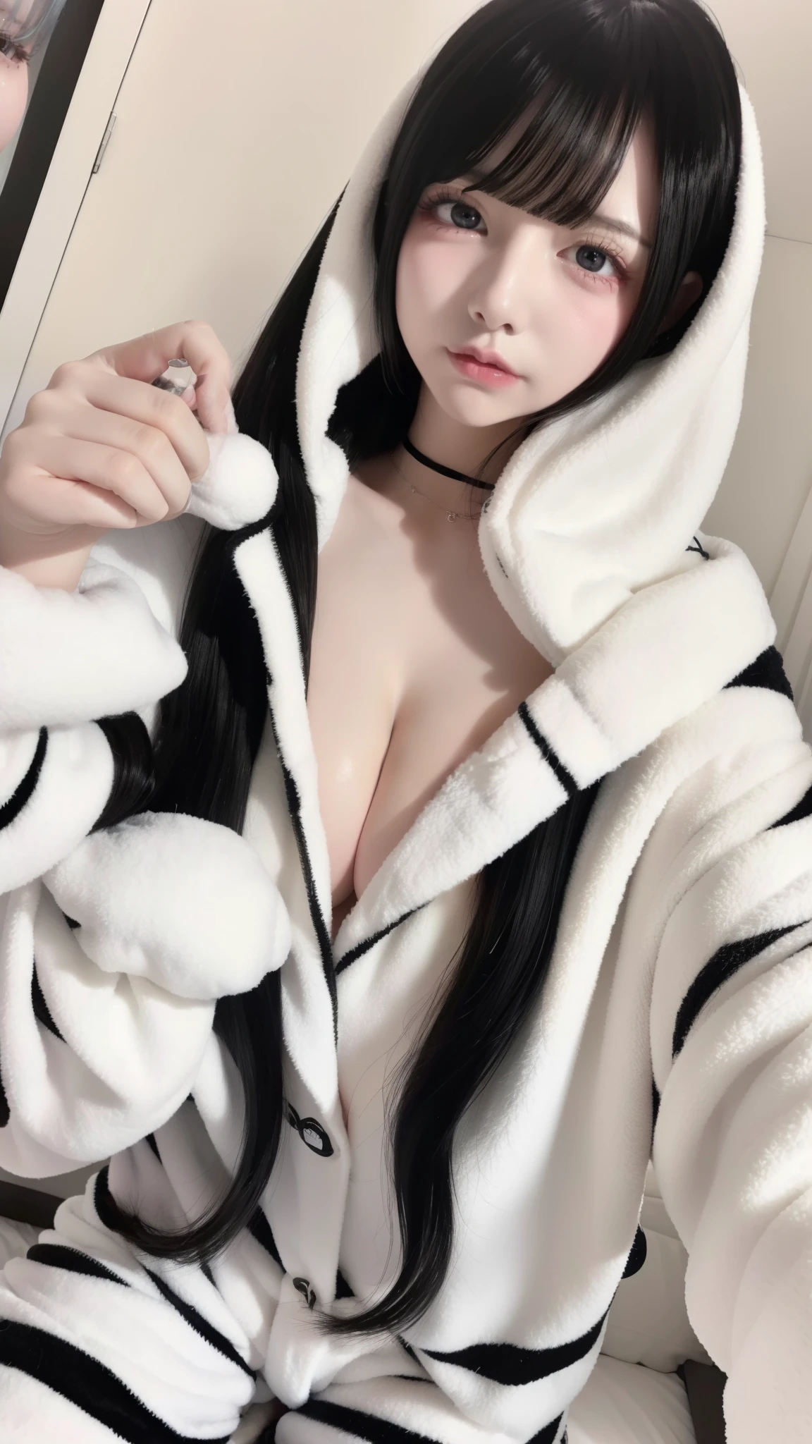(Mega boobs:1.5), (((Safe and secure、CERO A、All ages、safety sensor、Absolutely safe、sfw:1.5, safety)))、
highest quality、8k、32k、masterpiece、Hmph:1.2)、One Girl、Long Hair Girl、Beautiful Japanese Women、((Oily skin:1,5)), Brighten your eyes with colored contact lenses、Long and lush eyelashes、Big cleavage、(Lip gloss), Absolute area、Long Hair Girl、Black-haired、Heavy bangs、Accentuate your breasts、,choker、Bright red eyeliner:1.1、(((All of these pajamas are made from super soft fleece material:1.8, Pajama dress type、Thick white horizontal stripes))), Dressed like a mess、relax、
A room with a living feel、Messy bed、indoor、Dark Room、dim、A cozy apartment room、Messy room、Messy bed、(night:1.5), Cans of beer scattered around、can of beer、Holding a can of beer in one hand、drunk、drank girl、