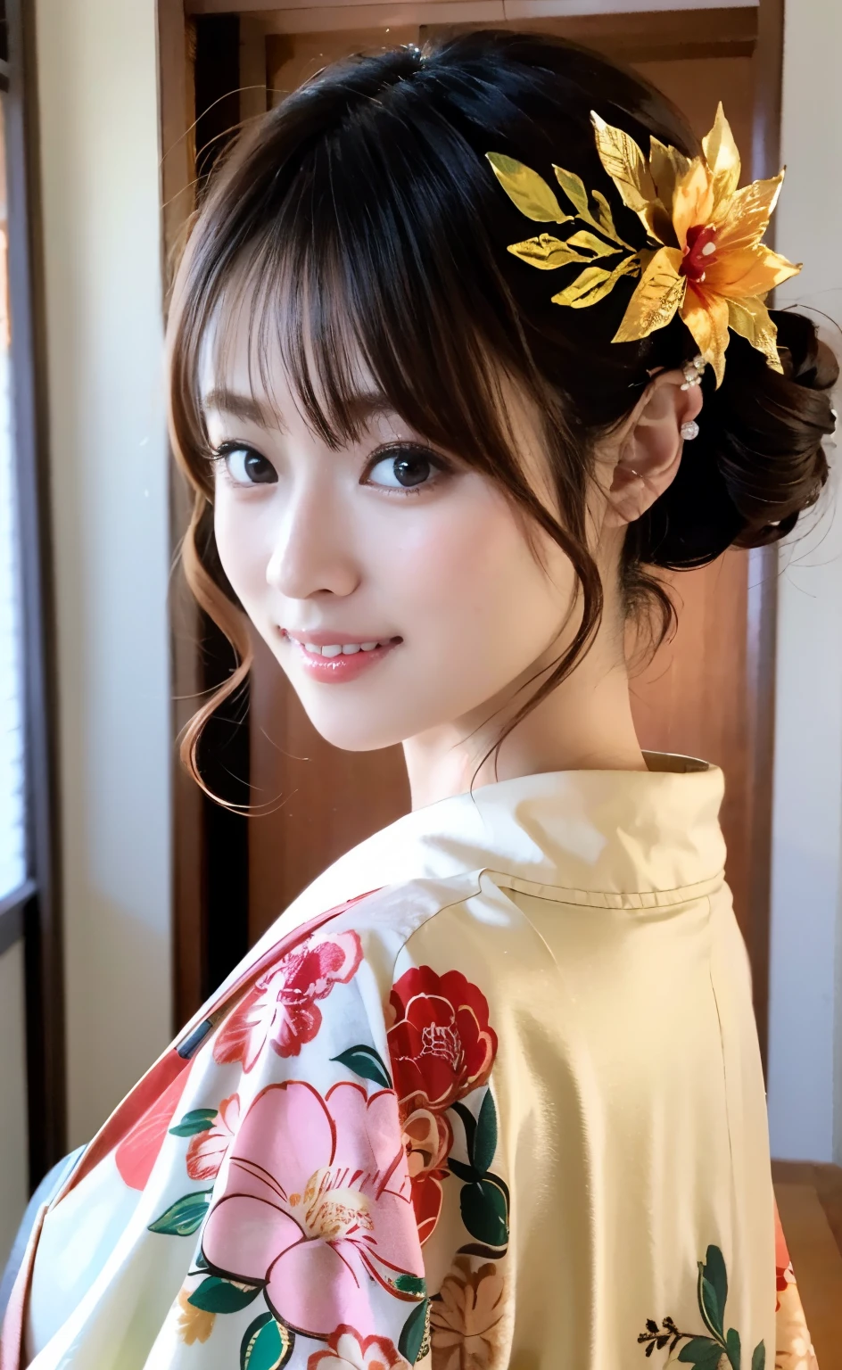 (((Carefully drawn with perfect anatomy))),Photoshoot in a traditional Japanese room at a long-established luxury inn,A beautiful geisha dressed in formal, high-class Japanese attire,(((A full-body shot of a smiling Tayuu with her head tilted from the side))),(((Beautiful black hair arranged in a Japanese hairstyle, Date Hyogo, with many hairpins on her head:1.3))),One girl,one personで,A dignified smile,Eyes that capture the light of the chestnut color,A fine Japanese hairstyle,hair ornaments,An elegant posture with knees together,Furisode kimono,kimono,Red lips,eye shadow,青いkimono,Nishijin obi,Many bamboo hairpins,Masterpiece,Ulzan 6500,(Realistic,photoRealistic),masterpiece,High resolution,The best light and shadow contrast,Main Character,Very high depth of field,soft delicate beautiful attractive 顔, Beautiful Edge Oiran_woman, a woman in a kimono posing for a picture,Perfect Edge Oiran_body,edge Oiran_Hairstyle,(Saiharu Body),(Tabletop,high quality,最high quality),(Delicate eyes and face),Ray Tracing,Highly detailed CG Unity 4k wallpaper,one person,Best image quality,Excellent detail,超A high resolution,Realistic:1.4),Attention to detail,Attention to detail,Beauty condensed in 1girl,Beautiful brown hair,繊細でHigh noseを持つ美しい顔,Long limbs like a model,Tight waist,High nose,Clear chestnut eyes,Glossy lips,
