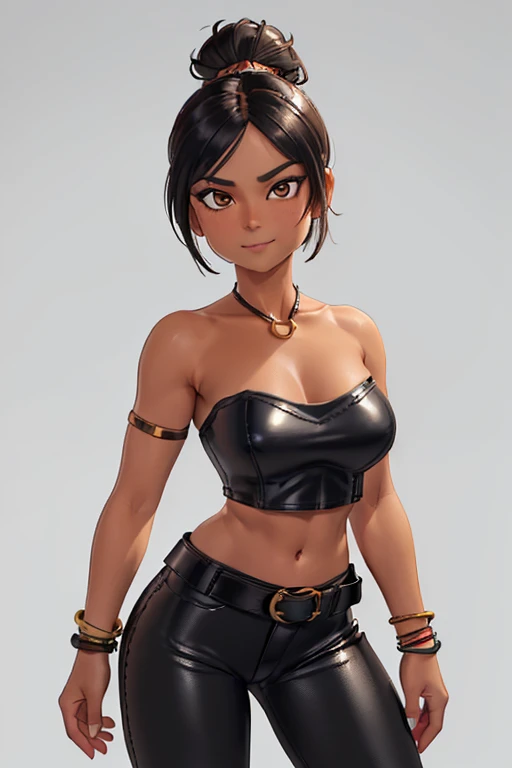 8K, (best quality, masterpiece:1.3), (detailed:1.2), 1girl, solo, ((26 year old, Filipino Woman, tanned bronze skin:1.02, short black hair:1.3, Detailed Amber eyes:1.03, Detailed face, medium breasts, narrow waist, wide hips, curvy (Wearing: Strapless Black tube top, black leather pants, white belt, bracelets:1.2)), (midriff), (agile physique:1.1), (Character Focus),Perfect Anatomy, She's looking at the camera with an thrilled expression