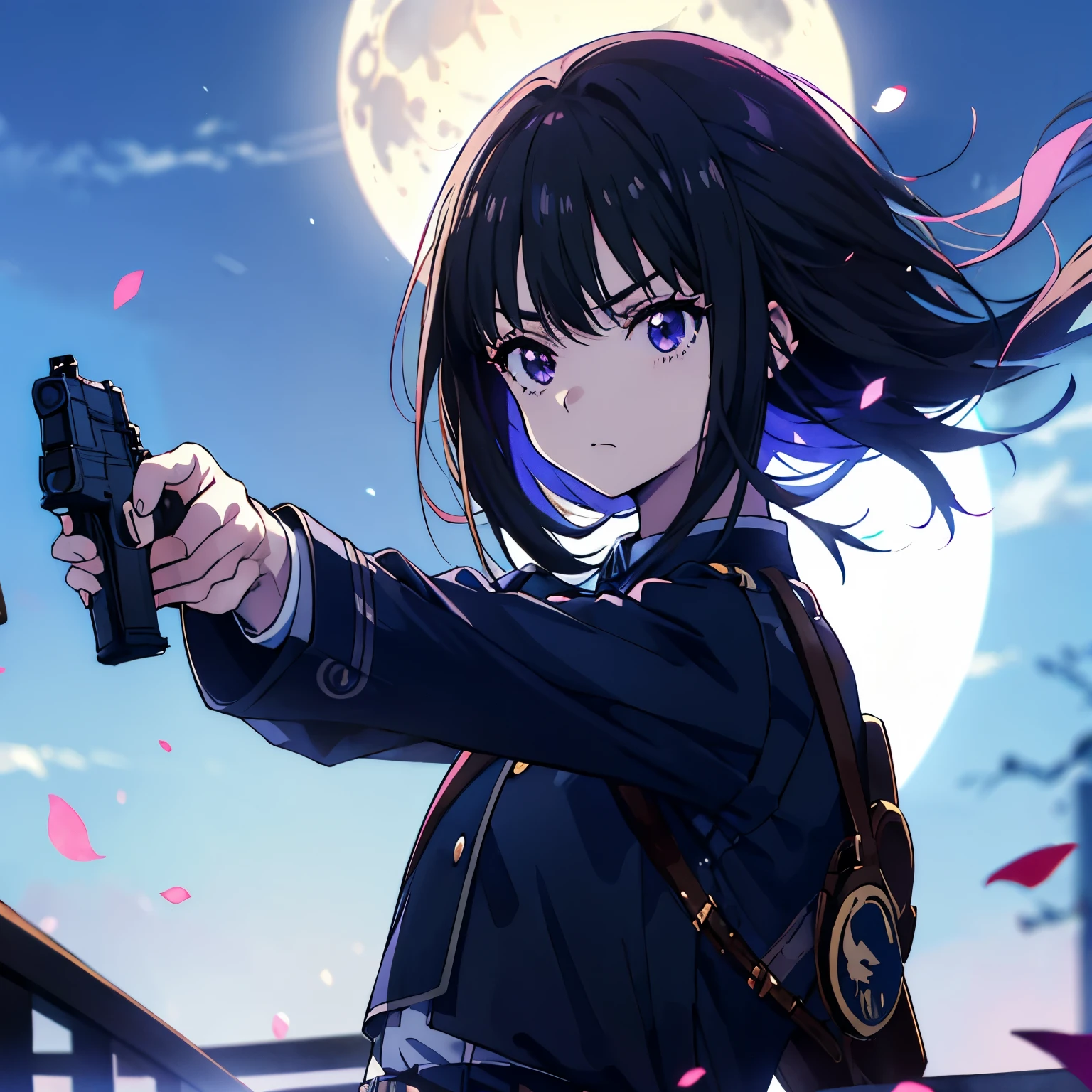 Masterpiece、(((1 person)))、Takina Inoue、Black Hair、Purple Eyes、Serious face、Holding a gun、((Blue Uniform))、night、full moon