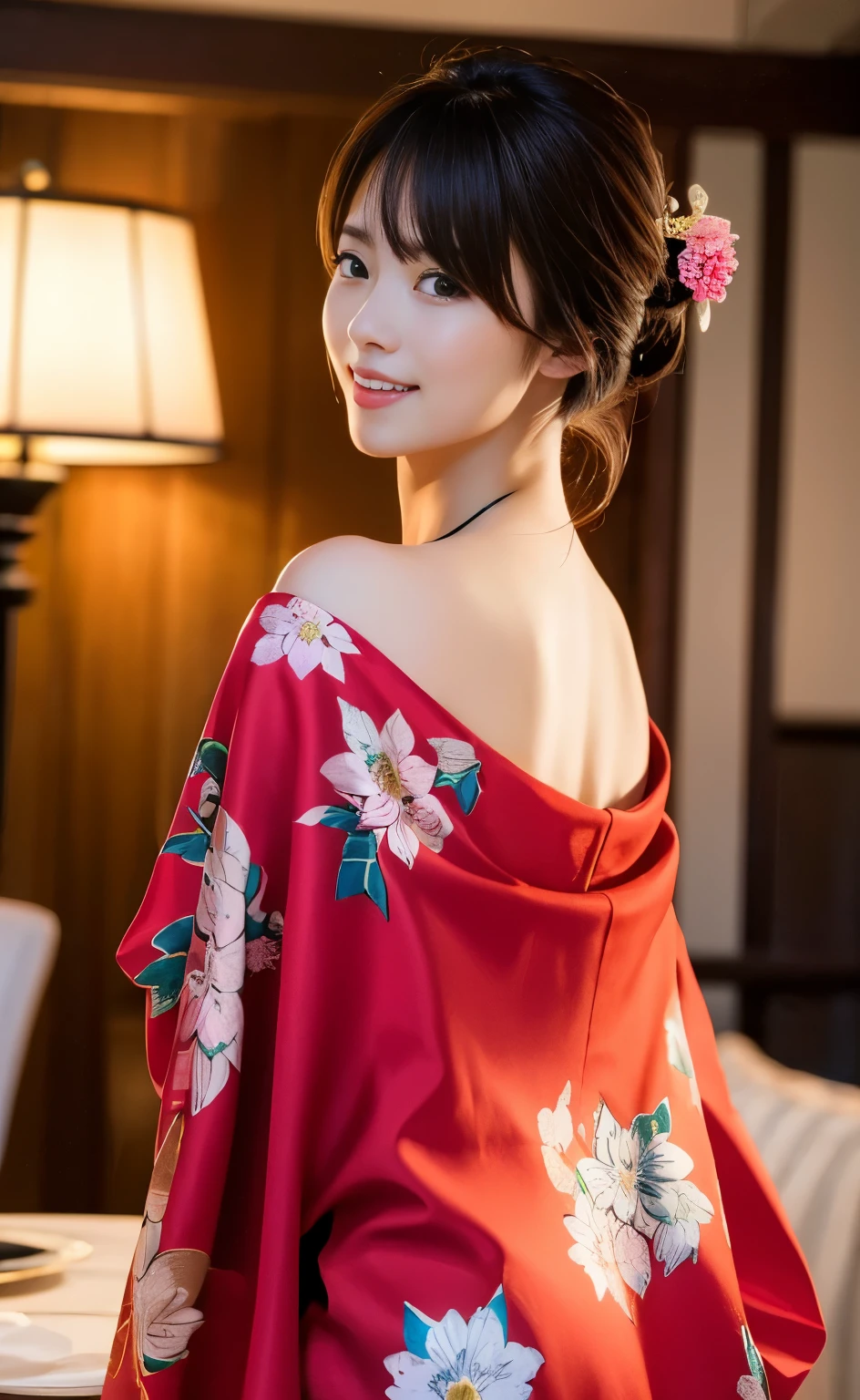 (((Carefully drawn with perfect anatomy))),Photoshoot in a traditional Japanese room at a long-established luxury inn,The collar of the kimono is pulled back, revealing the white nape of the neck.,(((A low-angle full-body shot of a smiling tayuu with her head tilted from behind))),(((美しいBlack Hairを日本髪の伊達兵庫に整えて頭に差した沢山のかんざし:1.3))),One girl,one personで,A dignified smile,Eyes that capture the light of the chestnut color,Black Hair,hair ornaments,An elegant posture with knees together,Furisode kimono,kimono,Red lips,compensate,Tassel,rope,eye shadow,red kimono,Nishijin obi,Many bamboo hairpins,Masterpiece,Ulzan 6500,(Realistic,photoRealistic),masterpiece,High resolution,The best light and shadow contrast,Main Character,Very high depth of field,soft delicate beautiful attractive 顔, Beautiful Edge Oiran_woman, a woman in a kimono posing for a picture,Perfect Edge Oiran_body,edge Oiran_Hairstyle,(Saiharu Body),(Tabletop,high quality,最high quality),(Delicate eyes and face),Ray Tracing,Highly detailed CG Unity 4k wallpaper,one person,Best image quality,Excellent detail,超A high resolution,Realistic:1.4),Attention to detail,Attention to detail,Beauty condensed in 1girl,Beautiful brown hair,繊細でHigh noseを持つ美しい顔,Long limbs like a model,Tight waist,High nose,Clear chestnut eyes,Glossy lips, 