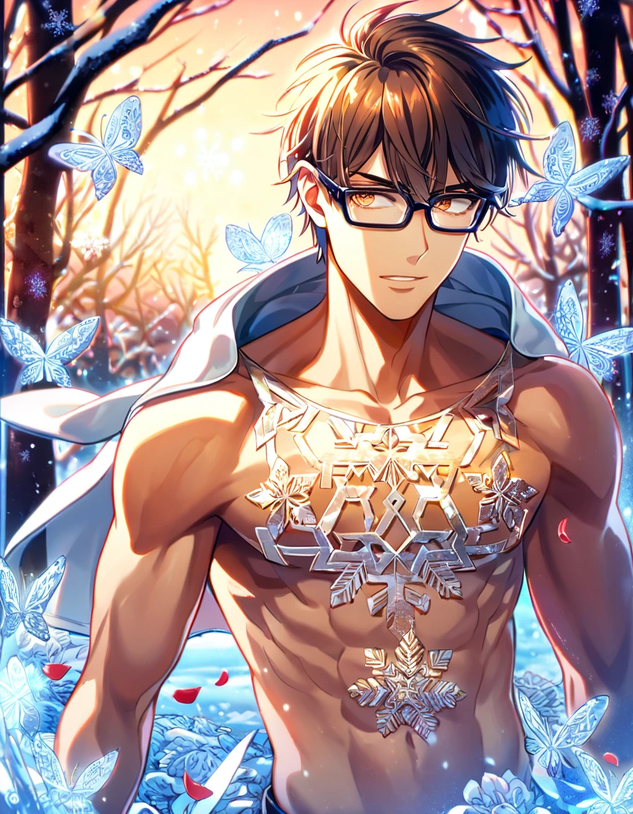 Ultra detailed, Highres, absurdres, HDR, Miyuki Kazuya, brown hair, expressive amber eyes, black glasses, white coat with patterns with a hoddie, Diamond No Ace, white flowers, winter, ice, snowflakes, petals, handsome, sexy man, solo, very detailed eyes and face, ice butterflies, master piece, toned chest, glittering