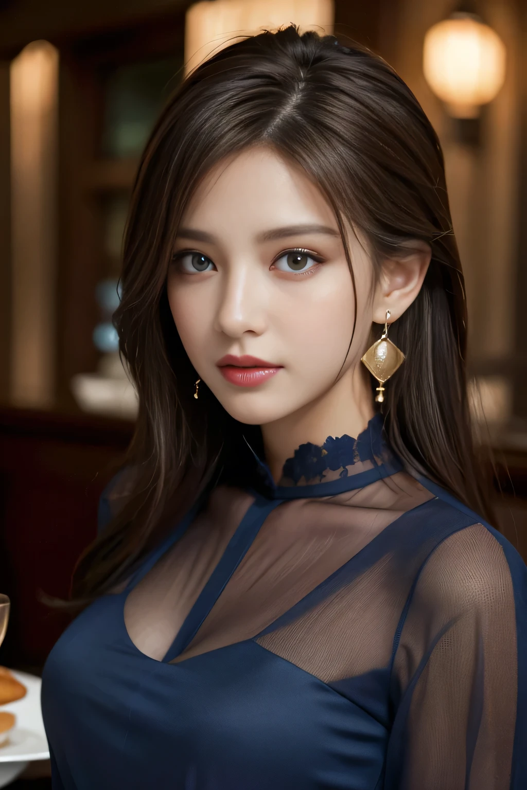 masterpiece, highest quality, Realistic, Very detailed, Finer details, High resolution, 8k wallpaper, One beautiful woman, Wear a dark blue see-through shirt, In a great restaurant, At night, Light brown messy hair, Perfect dynamic composition, Beautiful and beautiful eyes、Big earrings