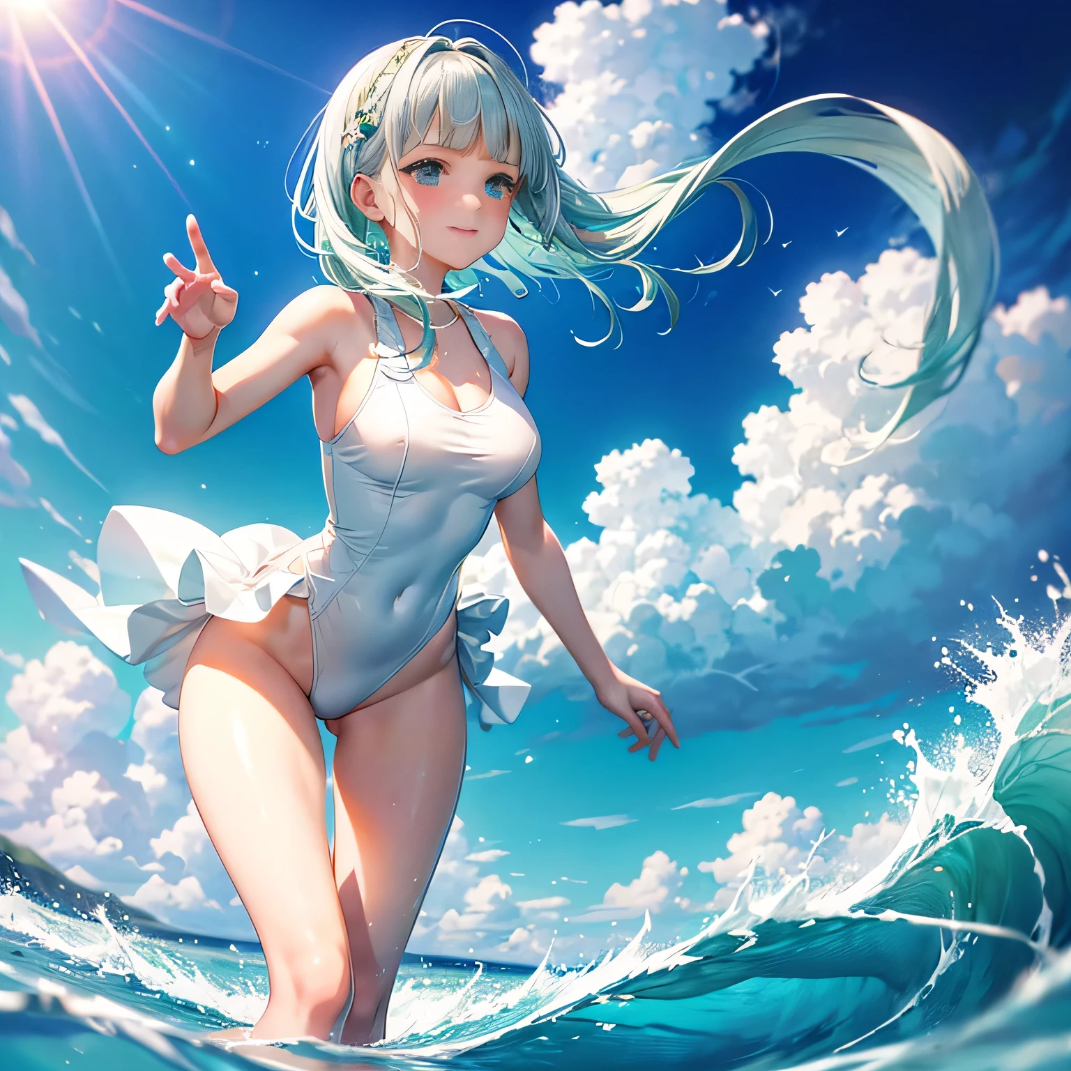 full body,low angle,from below,((both arms down)),(White elegant summer blouse,White elegant one piece swimsuit),((1girl,cute,young,semi long beautiful silver green hair,blunt bangs,beautiful eyes)),(solo),((masterpiece, highest resolution,best quality)), (beautiful illustration),(looking at the viewer), innocent smile,cinematic lighting,beautiful emerald green beach, white sand,waves,clouds,blue sky