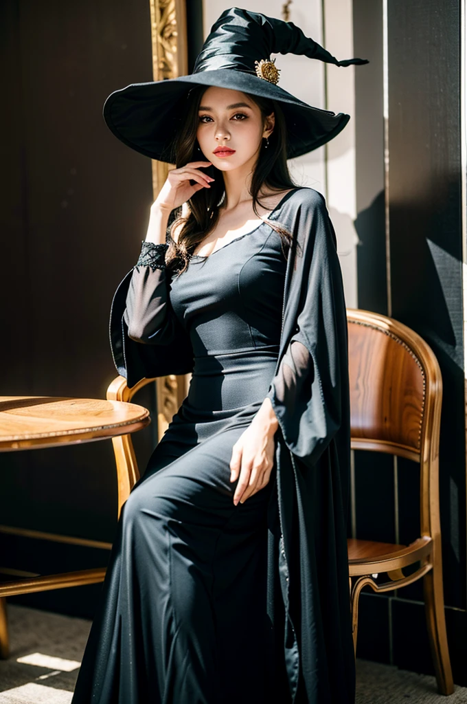 (best quality,4k,8k,highres,masterpiece:1.2),ultra-detailed,(realistic,photorealistic,photo-realistic:1.37),black long dress,big hat,witch clothes,sit on chair