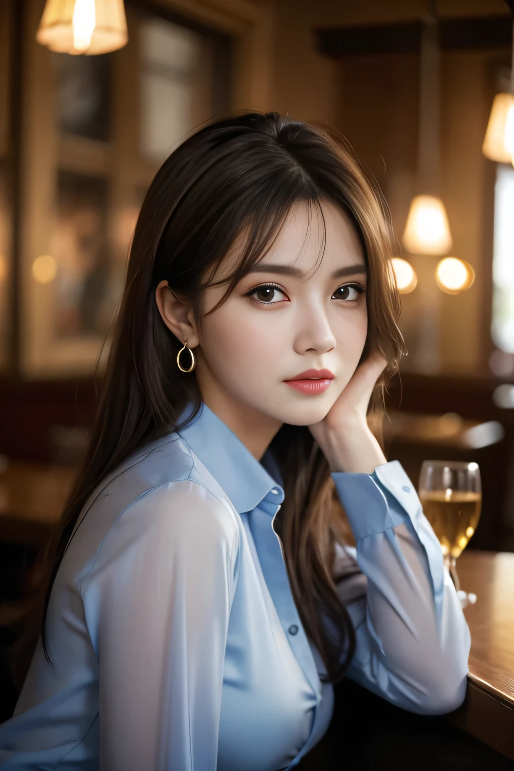 masterpiece, highest quality, Realistic, Very detailed, Finer details, High resolution, 8k wallpaper, One beautiful woman, Wear a dark blue see-through shirt, In a great restaurant, At night, Light brown messy hair, Perfect dynamic composition, Beautiful and beautiful eyes、Big earrings