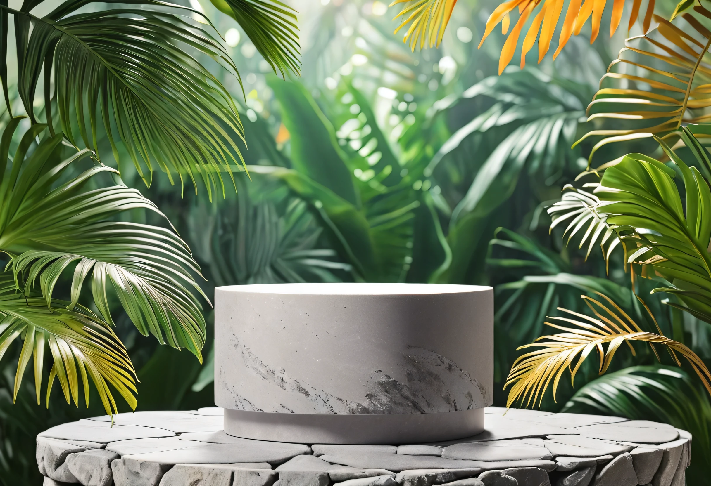 Round gray stone cosmetics product advertising podium stand with full of tropical leaves in the background