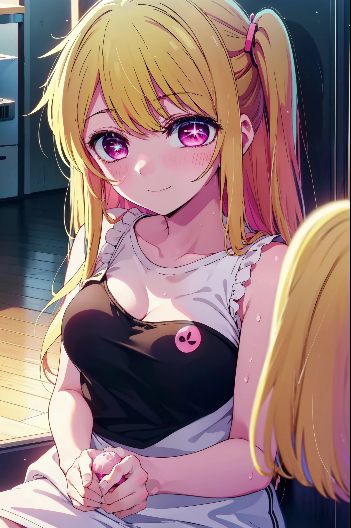 rubyhoshino, Hoshino Ruby, Long Hair, bangs, Blonde Hair, (Pink Eyes:1.3),  (Symbol-shaped pupil:1.5), Multicolored Hair, Two-tone hair, happy smile, smile, Open your mouth,smile,Tank top shirt,Shorts,Belly button,Sweat,Wet Naked,Wet clothes,Eating ice cream,Sitting leaning against the sofa,Daytime,So that the whole body goes into the illustration,
Break indoors, room,
壊す looking at viewer,Destroy the whole body (masterpiece:1.2), highest quality, High resolution, unity 8k wallpaper, (figure:0.8), (Beautiful fine details:1.6), Highly detailed face, Perfect lighting, Highly detailed CG, (Perfect hands, Perfect Anatomy),