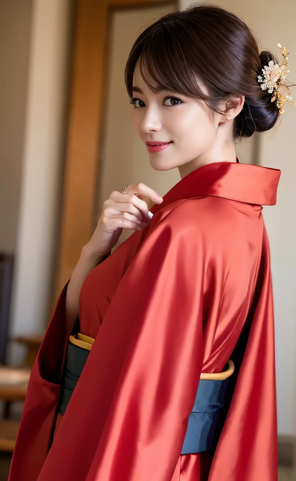 (((Carefully drawn with perfect anatomy))),Photoshoot in a traditional Japanese room at a long-established luxury inn,The collar of the kimono is pulled back, revealing the white nape of the neck.,(((A low-angle full-body shot of a smiling tayuu with her head tilted from behind))),(((美しいBlack Hairを日本髪の伊達兵庫に整えて頭に差した沢山のかんざし:1.3))),One girl,one personで,A dignified smile,Eyes that capture the light of the chestnut color,Black Hair,hair ornaments,An elegant posture with knees together,Furisode kimono,kimono,Red lips,compensate,Tassel,rope,eye shadow,red kimono,Nishijin obi,Many bamboo hairpins,Masterpiece,Ulzan 6500,(Realistic,photoRealistic),masterpiece,High resolution,The best light and shadow contrast,Main Character,Very high depth of field,soft delicate beautiful attractive 顔, Beautiful Edge Oiran_woman, a woman in a kimono posing for a picture,Perfect Edge Oiran_body,edge Oiran_Hairstyle,(Saiharu Body),(Tabletop,high quality,最high quality),(Delicate eyes and face),Ray Tracing,Highly detailed CG Unity 4k wallpaper,one person,Best image quality,Excellent detail,超A high resolution,Realistic:1.4),Attention to detail,Attention to detail,Beauty condensed in 1girl,Beautiful brown hair,繊細でHigh noseを持つ美しい顔,Long limbs like a model,Tight waist,High nose,Clear chestnut eyes,Glossy lips,
