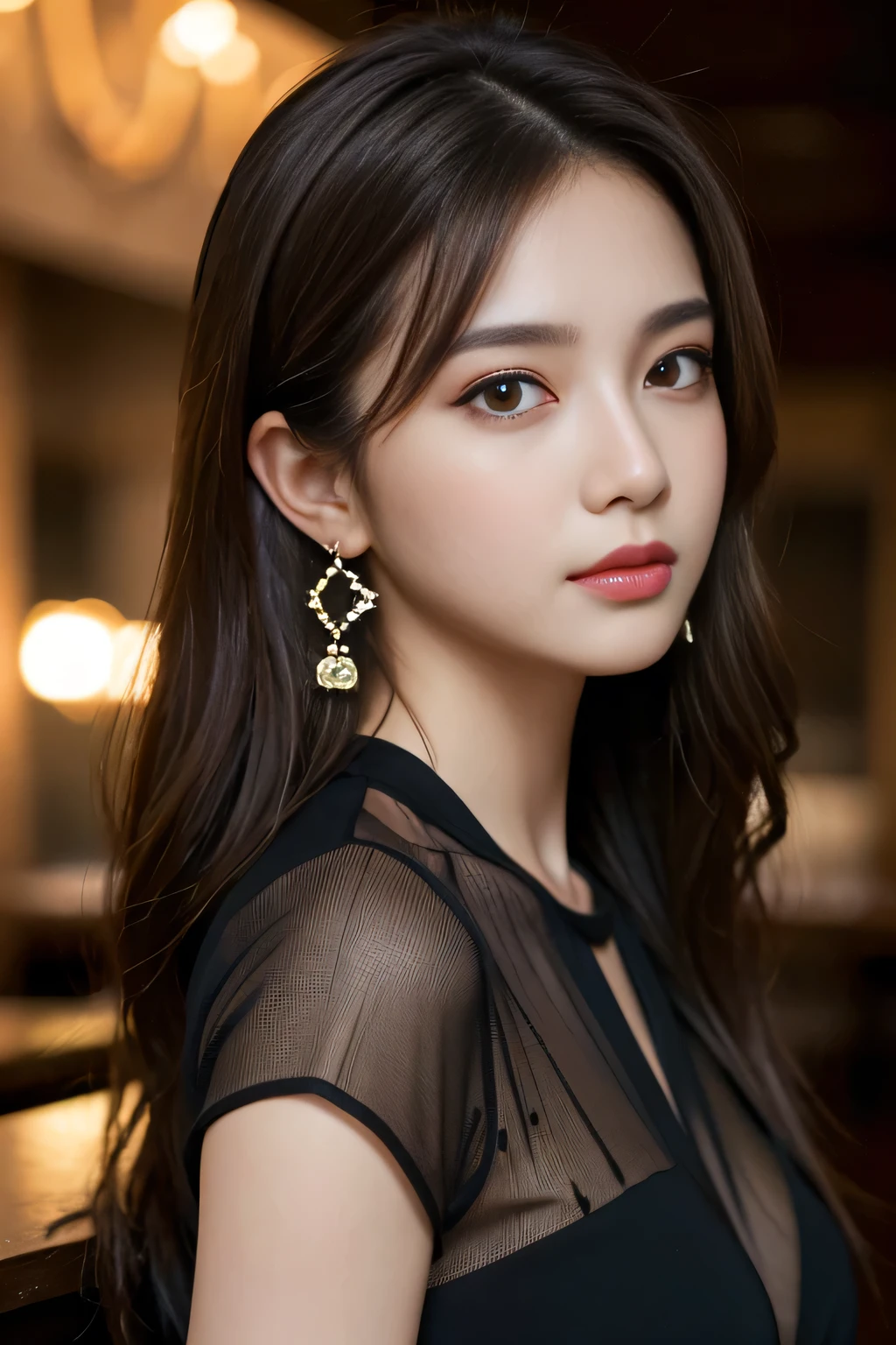 masterpiece, highest quality, Realistic, Very detailed, Finer details, High resolution, 8k wallpaper, One beautiful woman, Wear a black see-through shirt, In a great restaurant, At night, Light brown messy hair, Perfect dynamic composition, Beautiful and beautiful eyes、Big earrings