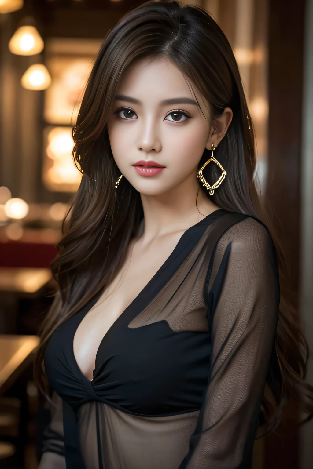 masterpiece, highest quality, Realistic, Very detailed, Finer details, High resolution, 8k wallpaper, One beautiful woman, Wear a black see-through shirt, In a great restaurant, At night, Light brown messy hair, Perfect dynamic composition, Beautiful and beautiful eyes、Big earrings