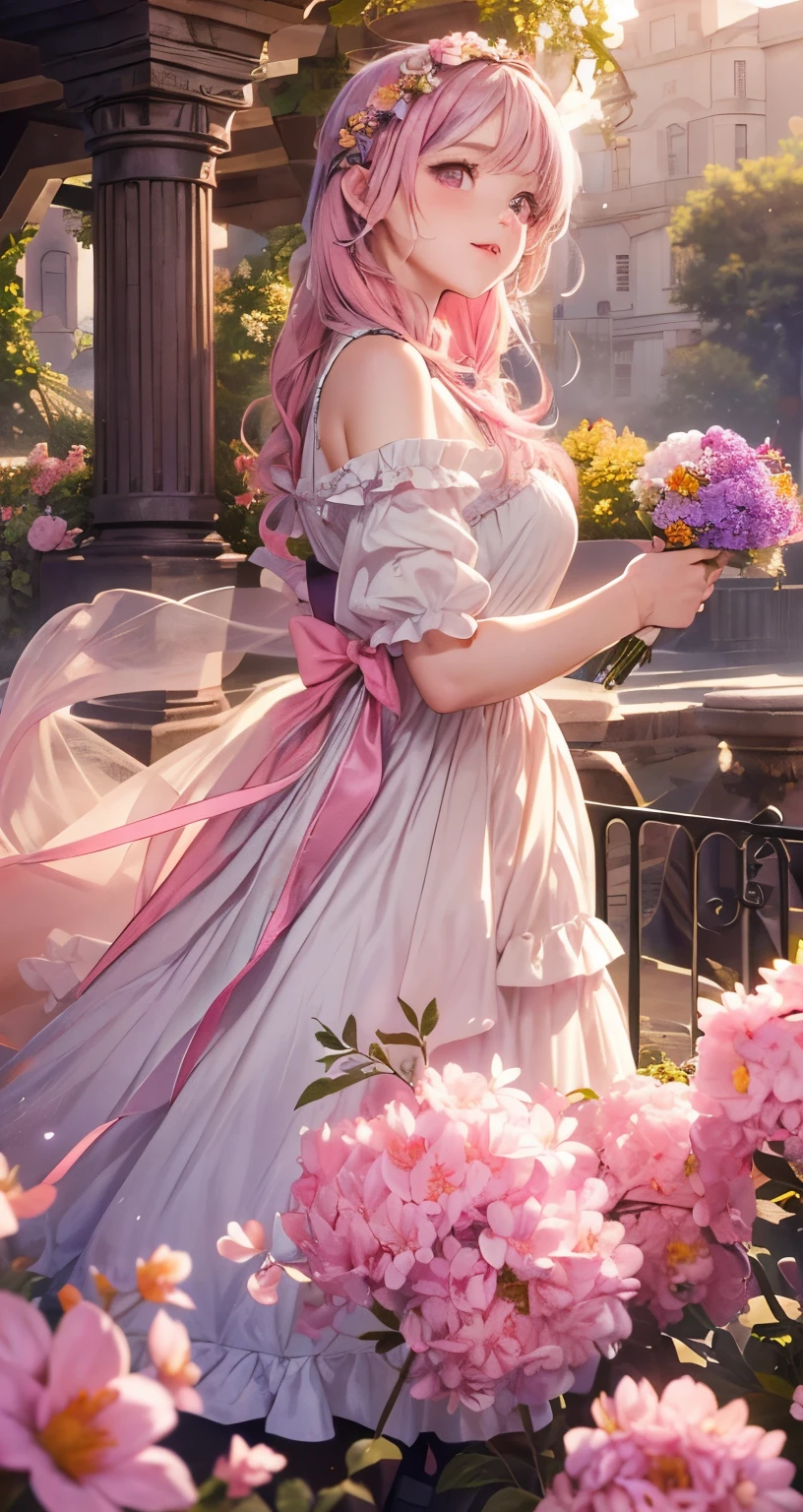 Exquisite detail, Highest quality 8K resolution, Super detailed, Realistic, Vibrant colors, Soft tones, Warm and gentle lighting, (Beautiful Gothic Black Dress, Cute pink ribbon, Beautiful frills:1.2),(Sleek and straight pink hair:1.2),(Hair parted in the middle:1.2),(Shiny Hair),(Pink Eyes:1.3),Garden Girl,With overflowing softness and kindness,Visible and tangible emotions,(The promenade is full of flowers:1.3), Create colorful reflections.The sun shines with joy and pure love,The atmosphere is full of happiness and laughter,Combination of digital illustration and photography,Super detailed depiction and vivid colors,A style that combines romanticism and realism.The color palette consists of soft pastel tones.., Creates a dreamy and fantastical atmosphere,light is diffused,