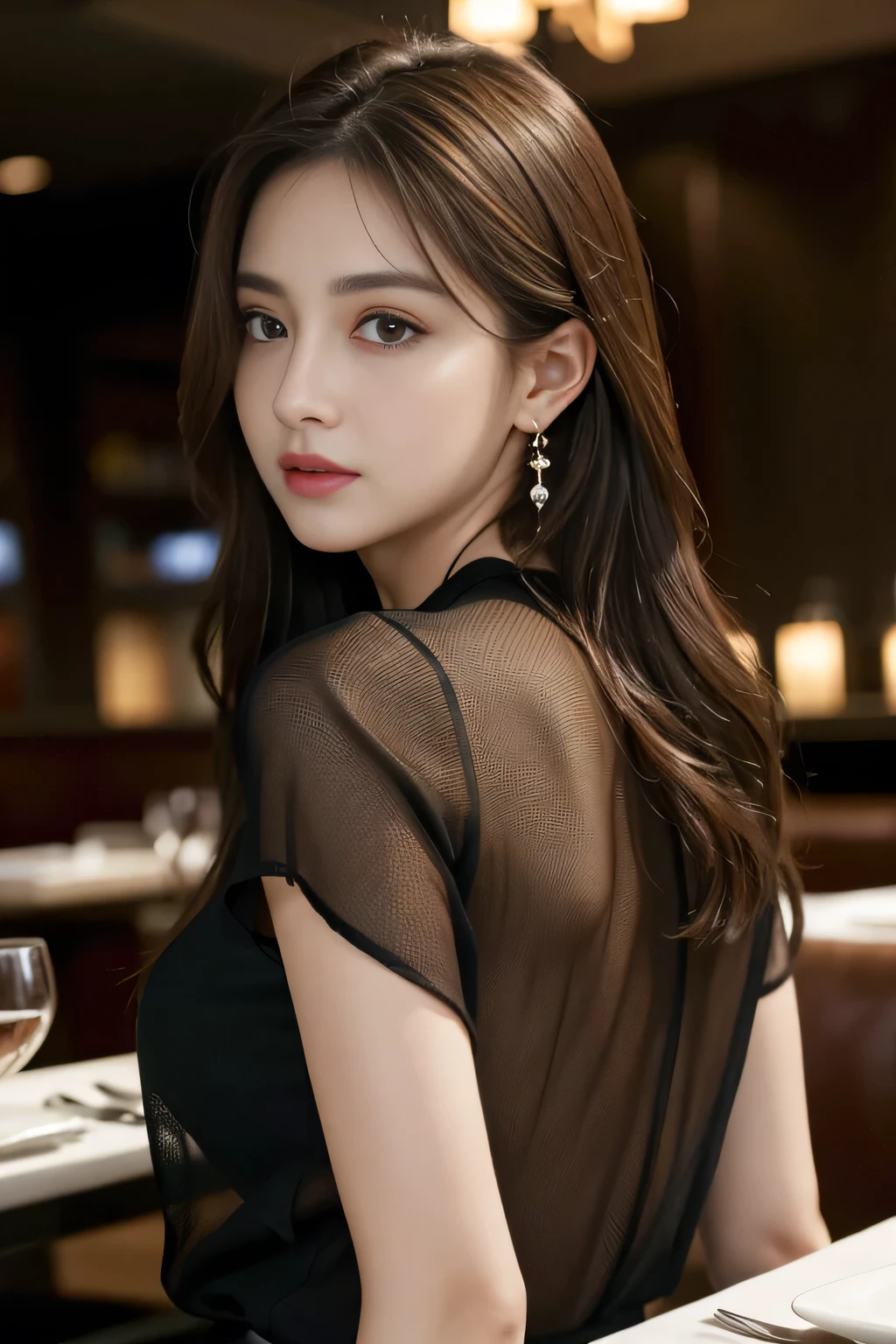 masterpiece, highest quality, Realistic, Very detailed, Finer details, High resolution, 8k wallpaper, One beautiful woman, Wear a black see-through shirt, In a great restaurant, At night, Light brown messy hair, Perfect dynamic composition, Beautiful and beautiful eyes、Big earrings