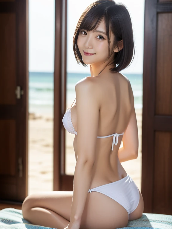 8k, (best quality), (masterpiece), full body, very detailed, high resolution, 8k, thin lips, detailed face, cute Japanese woman, cute 24 year old beauty, beautiful and graceful face, Cute face, natural bangs, arched eyebrows, well-groomed eyebrows, (big eyes with balanced left and right sides), cute eyes, beautiful eyes, beautiful thin nose, beautiful face line, (beautiful skin), medium bob hair, natural bangs, Slim face, slim figure, (looking at the camera with a gentle smile), lighting on the face, bright lighting, professional lighting, forward lighting, a swimsuit that looks like underwear, beautiful legs, smooth skin, slim and beautiful thighs, ((wearing a random color ultra micro bikini with lace)), a summer morning, (light shining on my face), 1 girl, cute and sexy slim 24 year old woman, fair skin, (cute smile), pure white beautiful sand, tropical beach, beautiful back view, beautiful back, pose sit and look back, side tie panties, topless, shirtless, 