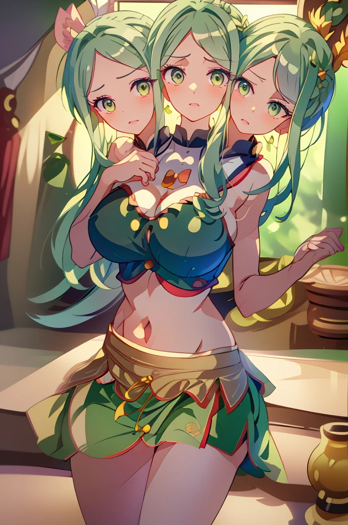 (masterpiece, best quality), best quality, (ultra-detailed), (3heads:1.5), 1girl, (mai tereida:1.3), masterpiece, best quality, ultra quality, ultra resolution, dark green top, crop top, ((stomach)), midriff, ((groin)), dark green skirt, normal ears, shackles, reseda green hair, very long hair, wavy hair, long sidelocks, pea colored eyes, parted lips, single horn, sweat, cute, toned belly, hand on own chest, eyelashes, (24 year old woman:1.3), (masterpiece:1.5), (best quality:1.5), (beautiful detailed), extremely detailed CG, extremely delicate and beautiful, depth of field, (finely detailed face), (perfect details:1.2), (mature female:1.3), wide pelvis, slender, large veiny breast, 16k resolution, highres, very high quality, very high definition, extremely detailed, masterpiece, reseda green hair, long hair, alluring presence, braid, short skirt, close up, big tits, young, waist apron,