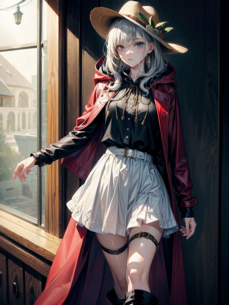 cool cowgirl, cowboy hat, blouse, decorated hooded armor jacket, cross belt, mini skirt, Red leather long boots, absurdres, RAW photo, extremely delicate and beautiful, masterpiece, Best Quality, ultra high resolution, 32k, hyperrealistic, ultra-detailed, detailed description, pale skin, 20 years old, tearful mole, earring, short medium hair, wavy hair, whole body shot,