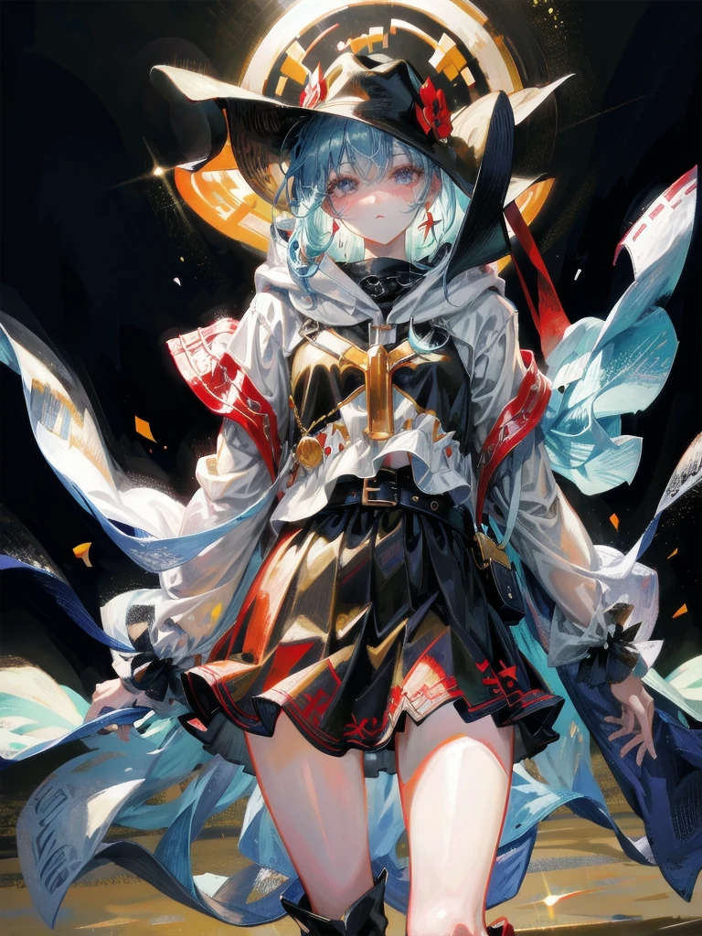 cool cowgirl, cowboy hat, blouse, decorated hooded armor jacket, cross belt, mini skirt, Red leather long boots, absurdres, RAW photo, extremely delicate and beautiful, masterpiece, Best Quality, ultra high resolution, 32k, hyperrealistic, ultra-detailed, detailed description, pale skin, 20 years old, tearful mole, earring, short medium hair, wavy hair, whole body shot,