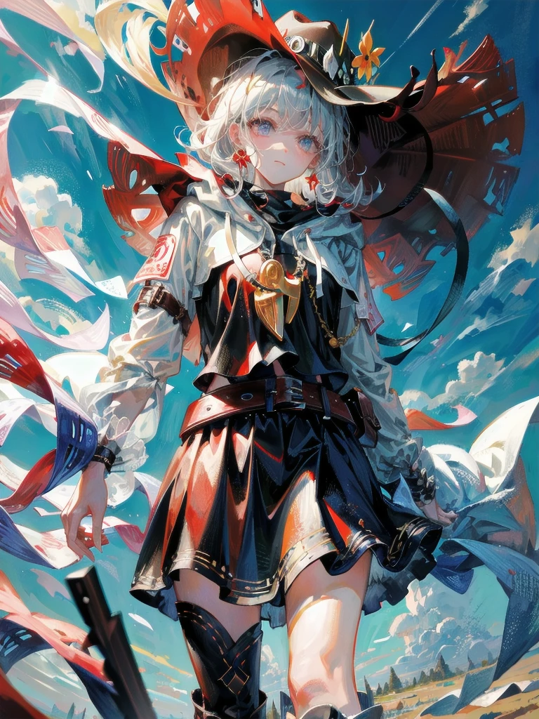 cool cowgirl, cowboy hat, blouse, decorated hooded armor jacket, cross belt, mini skirt, Red leather long boots, absurdres, RAW photo, extremely delicate and beautiful, masterpiece, Best Quality, ultra high resolution, 32k, hyperrealistic, ultra-detailed, detailed description, pale skin, 20 years old, tearful mole, earring, short medium hair, wavy hair, whole body shot,
