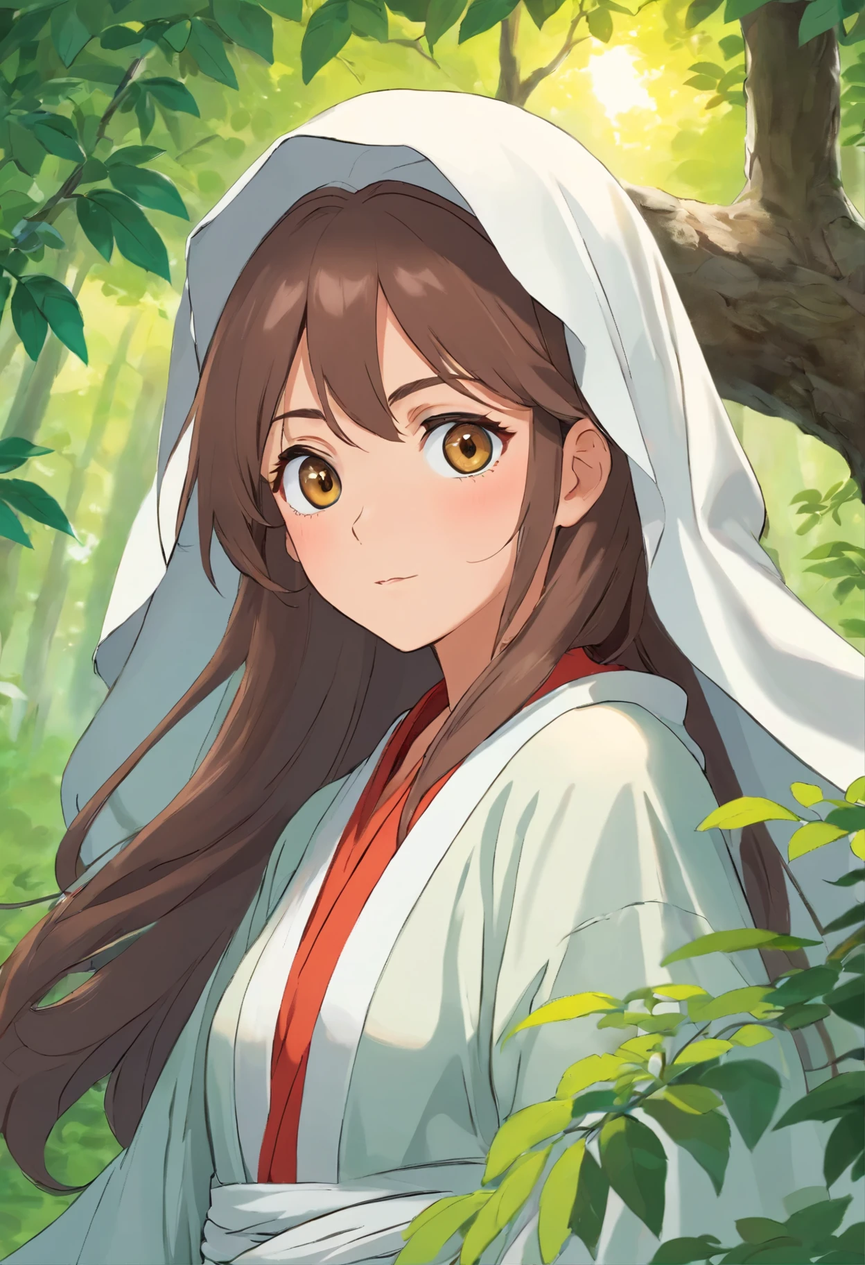 Adult female with long brown hair, in a tree, lurking in a robe and head covering, Silver eyes, sharp gaze, Wear a face covering, fantasy world 