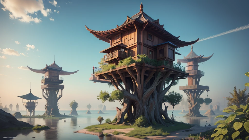 Huge futuristic stilt house, very detailed, decorated, in a natural and living environment