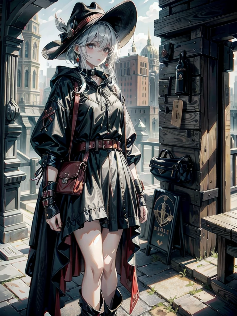 cool cowgirl, cowboy hat, blouse, decorated hooded armor jacket, cross belt, mini skirt, Red leather long boots, absurdres, RAW photo, extremely delicate and beautiful, masterpiece, Best Quality, ultra high resolution, 32k, hyperrealistic, ultra-detailed, detailed description, pale skin, 20 years old, tearful mole, earring, short medium hair, wavy hair, whole body shot,