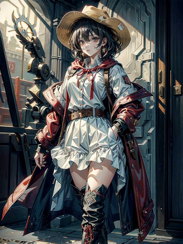 cool cowgirl, cowboy hat, blouse, decorated hooded armor jacket, cross belt, mini skirt, Red leather long boots, absurdres, RAW photo, extremely delicate and beautiful, masterpiece, Best Quality, ultra high resolution, 32k, hyperrealistic, ultra-detailed, detailed description, pale skin, 20 years old, tearful mole, earring, short medium hair, wavy hair, whole body shot,