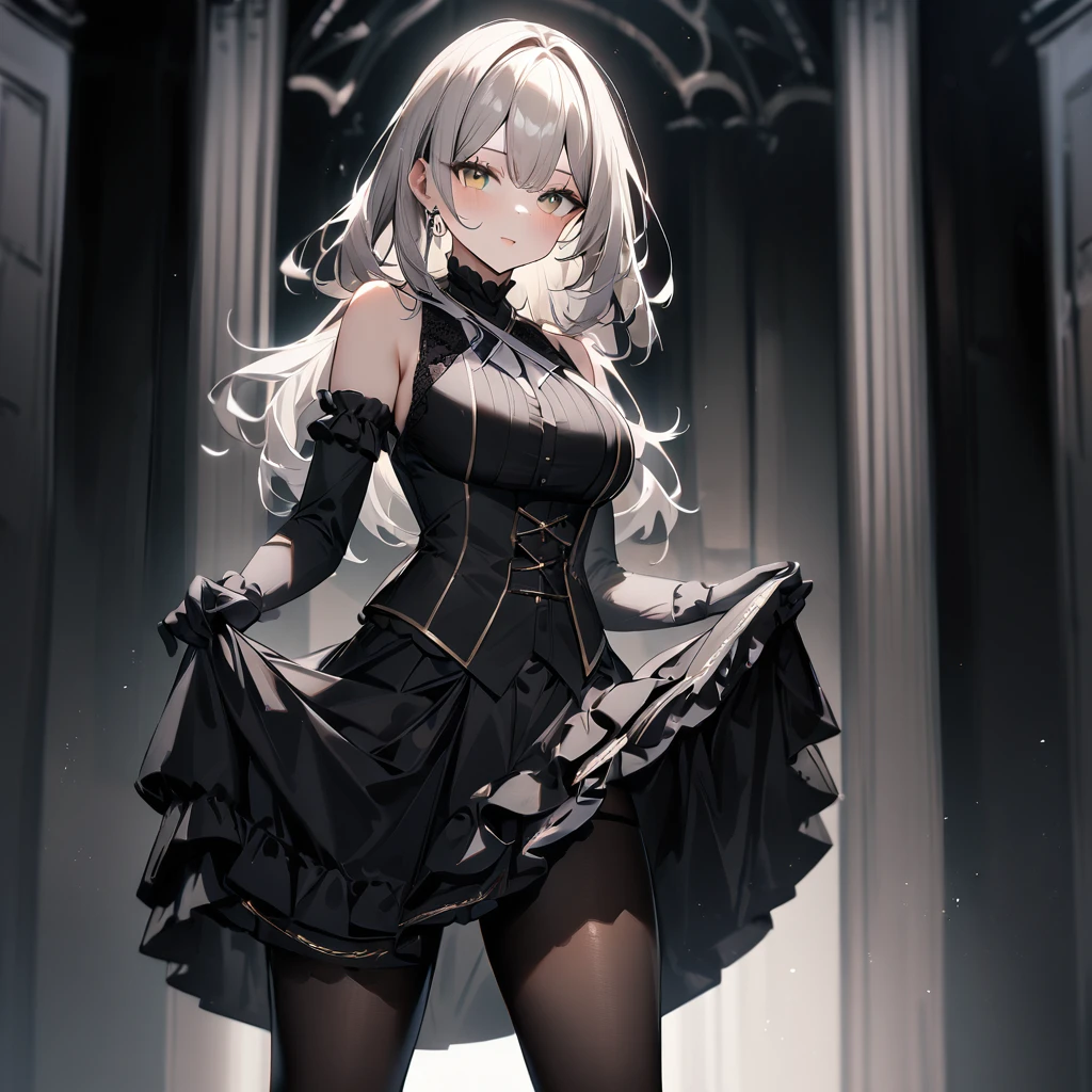 1 girl,best quality, very aesthetic,absurdres,looking at viewer,front view,Lovely lady,,skirt lift,high-grade,layer,westfrill,light hair,multilayer,blackcolor,trim,(side-Crisscross),breasts,upscale,Layered,yellow pale,blackglove,pantyhose,lovely,all black,Sleeveless,open stance