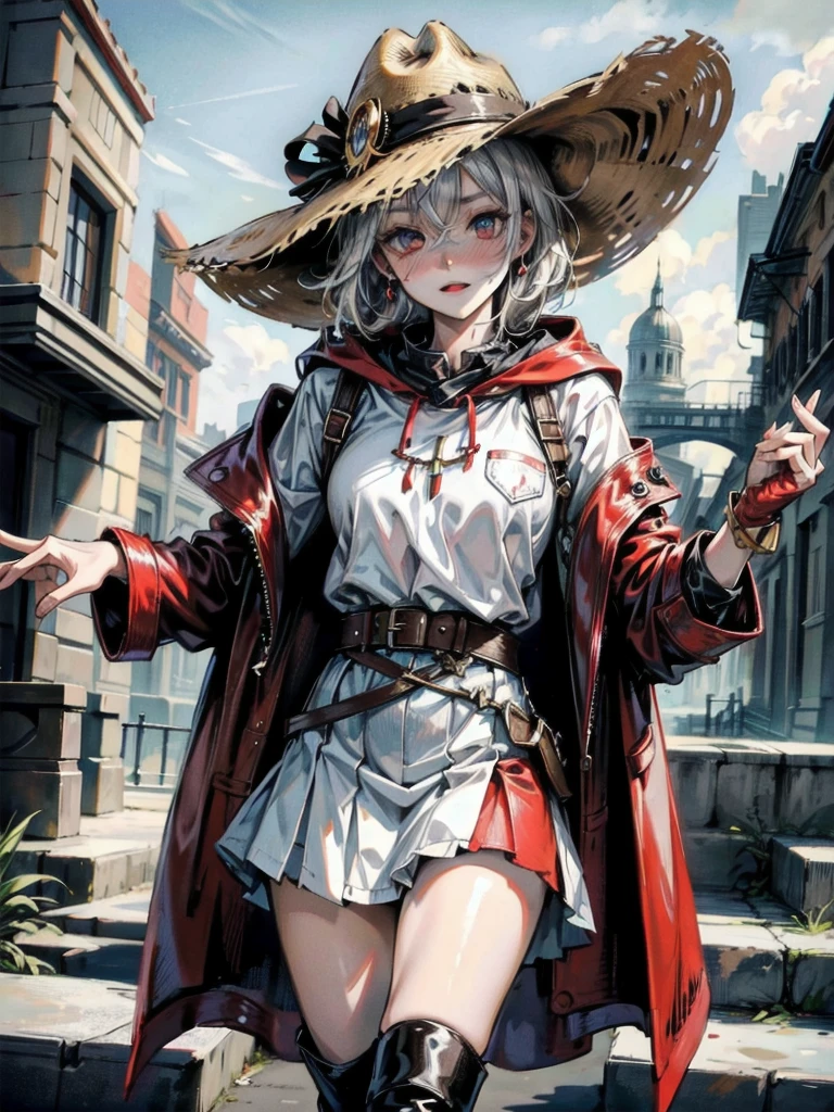 cool cowgirl, cowboy hat, blouse, decorated hooded armor jacket, cross belt, mini skirt, Red leather long boots, absurdres, RAW photo, extremely delicate and beautiful, masterpiece, Best Quality, ultra high resolution, 32k, hyperrealistic, ultra-detailed, detailed description, pale skin, 20 years old, tearful mole, earring, short medium hair, wavy hair, whole body shot,