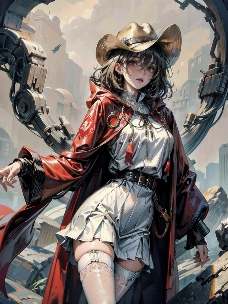 cool cowgirl, cowboy hat, blouse, decorated hooded armor jacket, cross belt, mini skirt, Red leather long boots, absurdres, RAW photo, extremely delicate and beautiful, masterpiece, Best Quality, ultra high resolution, 32k, hyperrealistic, ultra-detailed, detailed description, pale skin, 20 years old, tearful mole, earring, short medium hair, wavy hair, whole body shot,