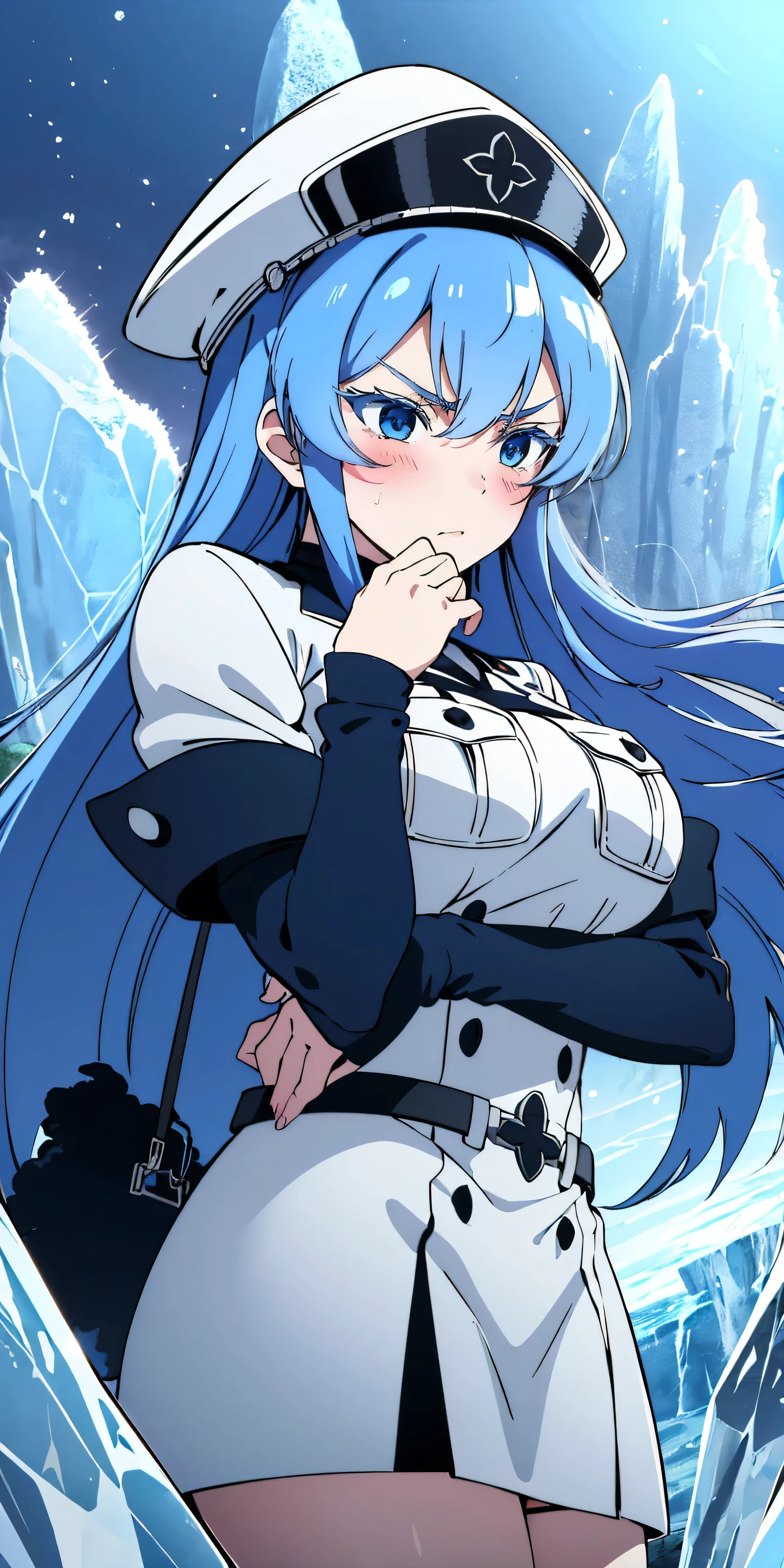 (artwork, best quality) a girl with long blue hair, blue eyes, blue eyelashes, white sailor suit, with a captain's hat, big breasts, angry, a little blushing, in a winter place, ice