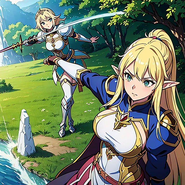 ((a beautiful fantasy empress)), a blonde Elve warrior with emerald green eyes, holding a sword and a sword, alluring Elfe Prinzes, Elfenkrieger, Weibliche Elfe, Elfe Prinzessin, Elf girl, elf rogue, Nissa Genesis Magier, rogue anime girl, a beautiful fantasy empress, cushart krenz key art feminine, blonde anime girl with long hair, beautiful, extrem hoher Detailreichtum, beautiful seductive anime woman, cute anime waifu, beautiful and elegant elf queen, young fairy queen, epische exquisite Charakterkunst, very stylish fantasy armor, Fantasy-Charakter art, Aus Lineage 2, Kriegerin, Female armor, Fantasy-Charakter, schwere white and gold armor, Portrait Anime Girl, anime visual of a cute girl, erstellt mit Anime Painter Studio, Anime style portrait,a woman in armor with a sword and a sword in her hand, shadowverse style, Armor Girl, she holds a sword, hochdetailliertes offizielles Kunstwerk, razor-sharp RPG portrait, im Wald, inspiriert von Li Chevalier, shadowverse, royal elegant pose, white and gold armor, epische Geschichte