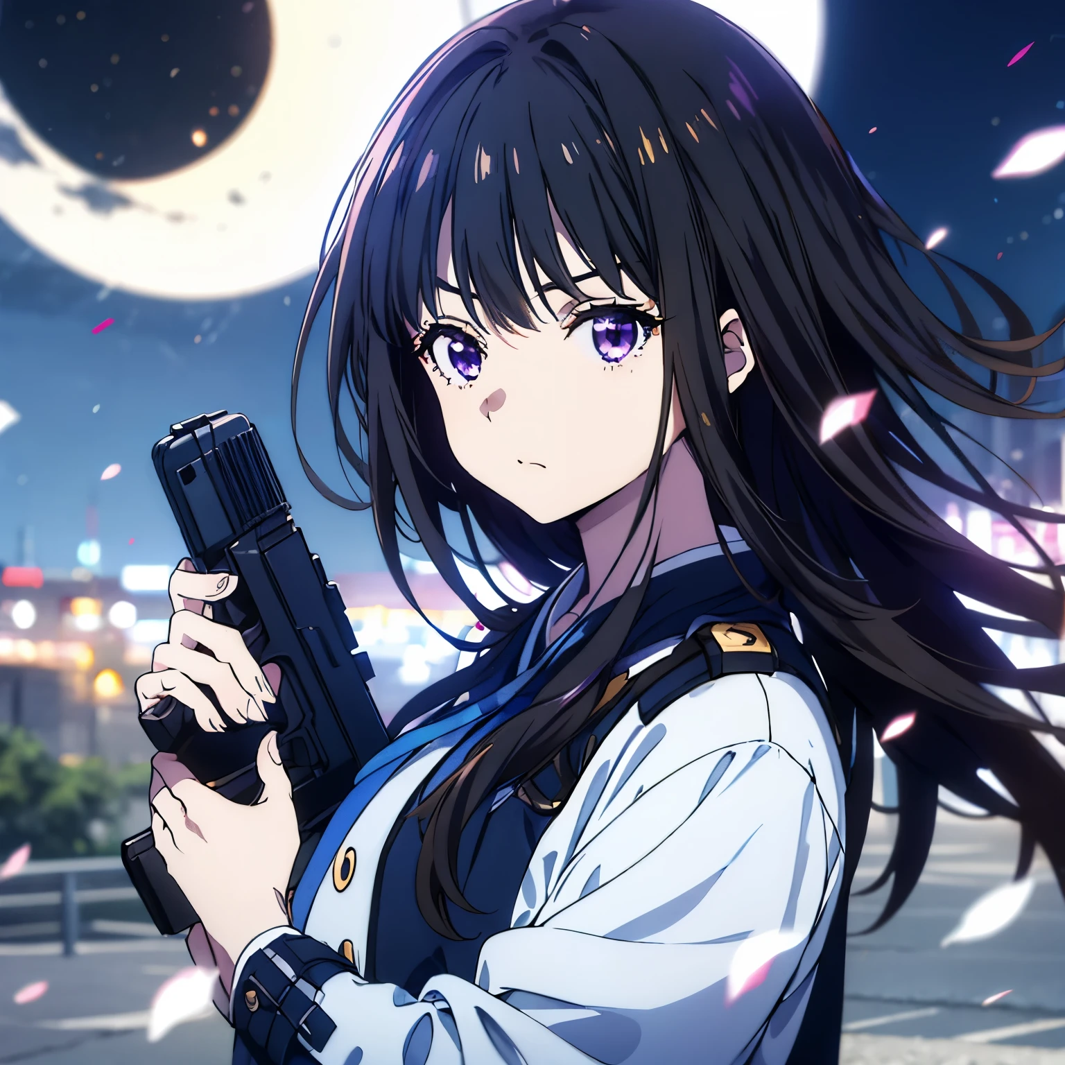 Masterpiece、(((1 person)))、Takina Inoue、Black Hair、Purple Eyes、Serious face、Holding a gun、Blue Uniform、night、full moon