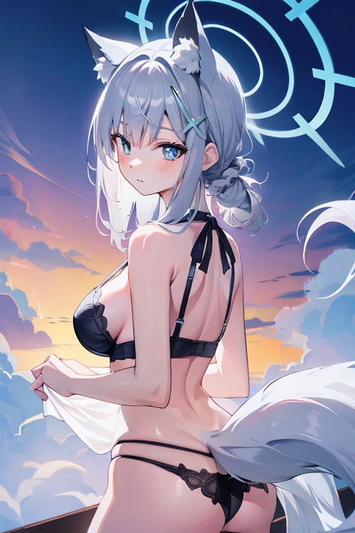 shiroko_bluearchive,White lace underwear, Breasts are as big as a head, Fang, kemonomimi mode, Animal tail, Gray fluffy fox tail, The butt is facing the audience